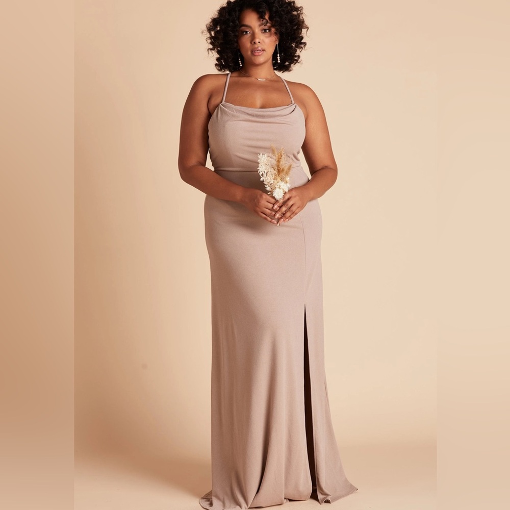 Birdy grey ash dress tan crepe taupe formal maxi dress with slit - Picture 1 of 1
